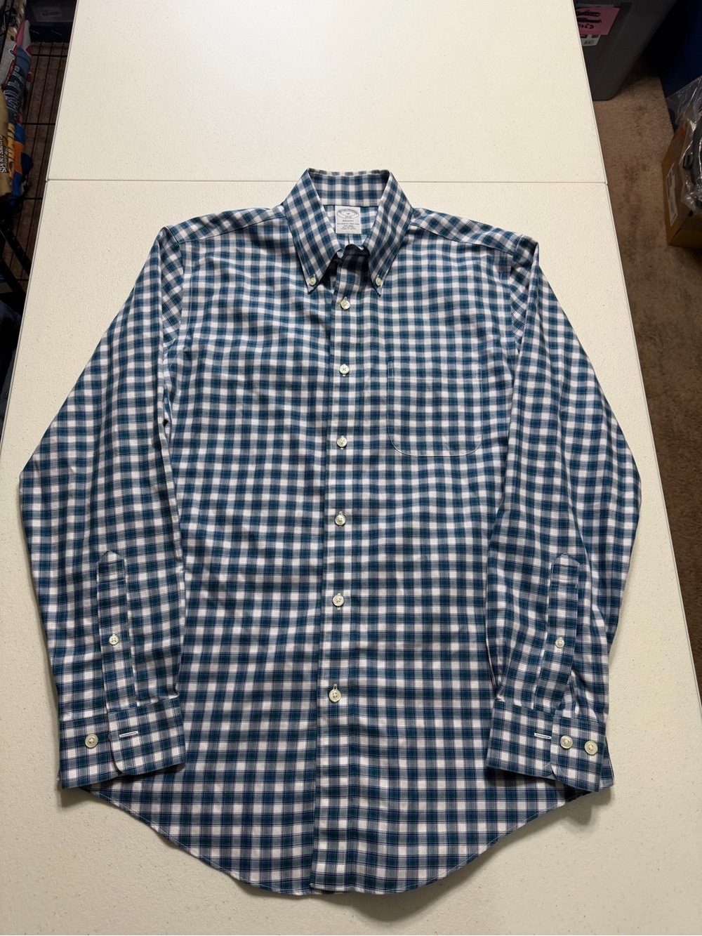 brooks brothers regent shirt men medium blue green white striped long sleeve